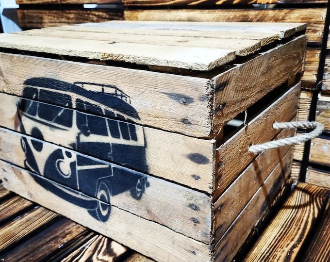 VW Camper VOLKSWAGON Rustic Apple Box Crate - Trunk / Camping / Storage / Garage / Man Cave (Handles & Lid)