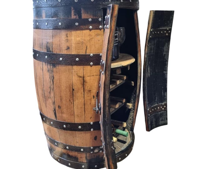 BAR TABLE & Wine Rack - Rustic Bourbon Barrel Cask Handcrafted Drinks Cabinet / Home Bar / Man Cave