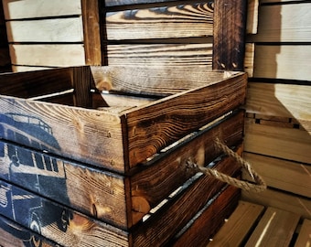 VW Camper VOLKSWAGON Rustic Apple Box Crate - Trunk / Camping / Storage / Garage / Man Cave (Handles & Lid)