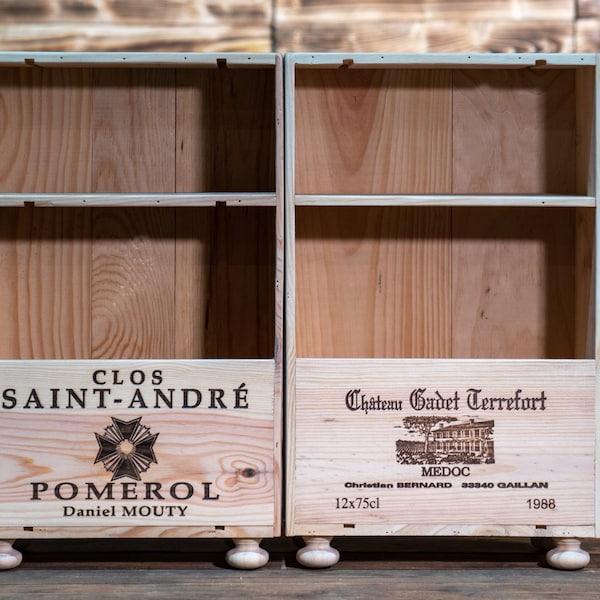 A Pair of Reclaimed French Wooden Wine Box Bedside Table / Organiser - Bespoke & Handmade