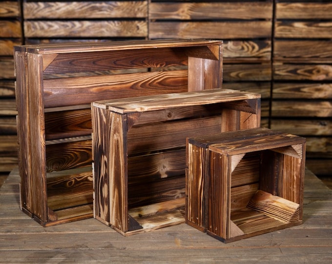Pack of 3 Burnt wood crates -  Wood Box, Wedding Decor, Farmhouse Log Storage, Cottage Living, Photo Prop / Film Movie Props