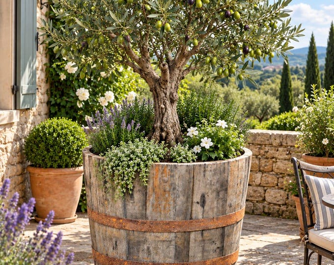 52CM TALL - Rustic Oak Barrel Planter, Large Wooden Whisky Barrel Garden Planter, Reclaimed Half Barrel Tub, Outdoor Flower & Tree