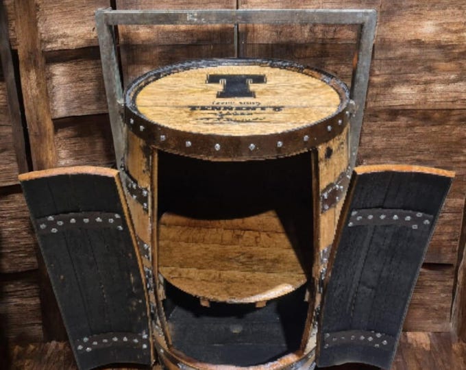 TENNENTS Branded - Rustic Bourbon Barrel Cask Handcrafted Drinks Cabinet / Home Bar / Man Cave