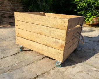 Vintage Wooden Apple Crate - Book / Vinyl / Log / Storage Garden / House - WITH WHEELS & HANDLES