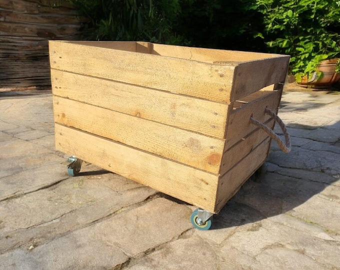 Vintage Wooden Apple Crate - Book / Vinyl / Log / Storage Garden / House - WITH WHEELS & HANDLES