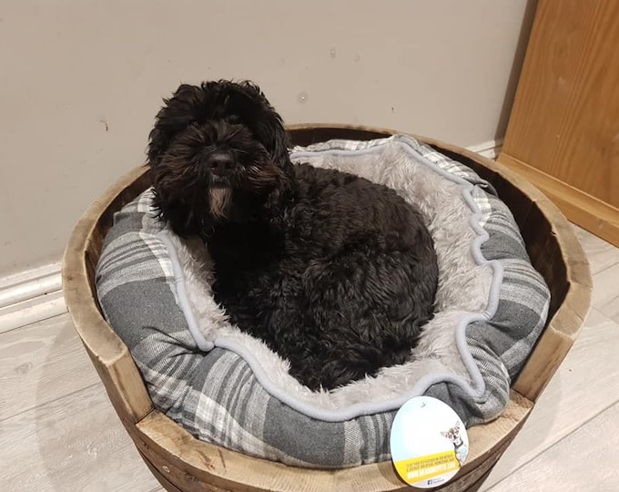 Oak Whisky Barrel Dog Bed - Pet Cat Puppy - Indoor or Outdoor Use. Wooden Bed