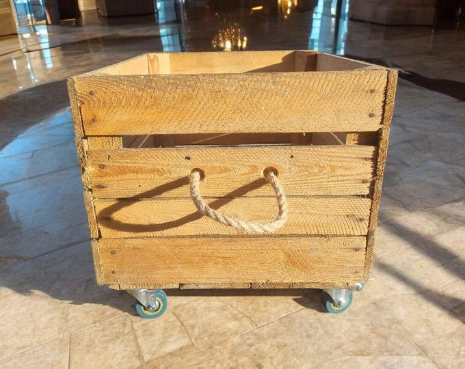 Vintage Wooden Apple Crate - Book / Vinyl / Log / Storage Garden / House - WITH WHEELS & HANDLES