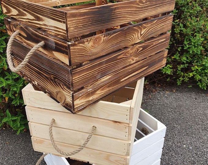 Log Crate / Fire Wood kindling Log store / Carrier Holder - Wooden box with rope handles  - Variety of designs