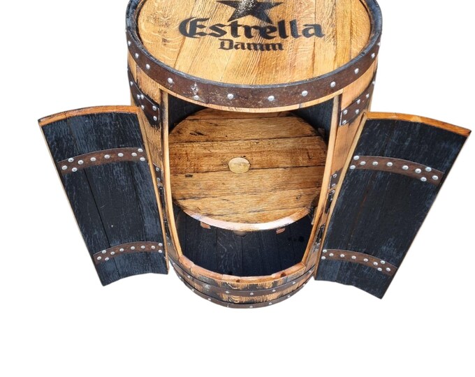 ESTRELLA DAMM LAGER Branded - Rustic Bourbon Barrel Cask Handcrafted Drinks Cabinet / Home Bar / Man Cave