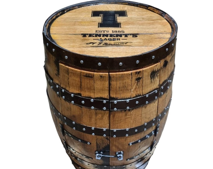 TENNENTS Branded - Rustic Bourbon Barrel Cask Handcrafted Drinks Cabinet / Home Bar / Man Cave