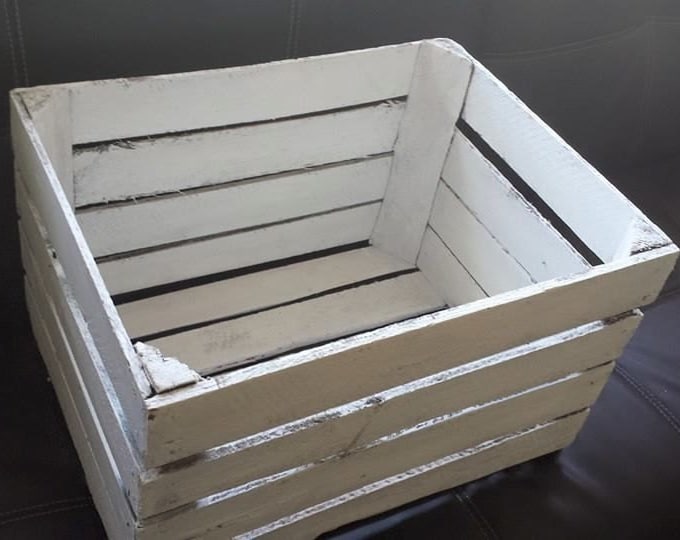 White Painted European apple box fruit crate shabby chic - Ideal toy box, storage shelves, bookcase, wedding display decor, shop display