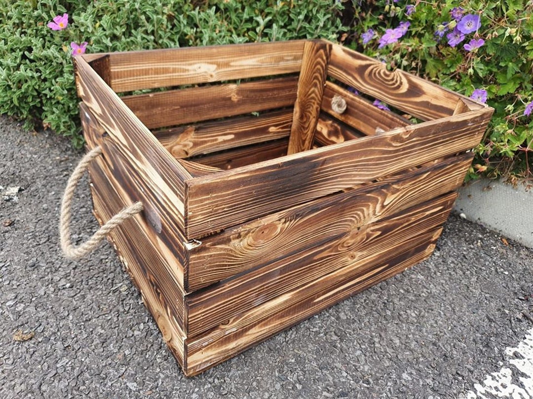 BURNT WOOD Log Crate Fire Wood Kindling Log Store Carrier Holder Wooden Box With Rope Handles Made From a Vintage Apple Crate Etsy UK