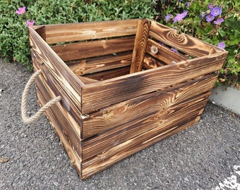 BURNT WOOD Log Crate / Fire Wood kindling Log store / Carrier Holder - Wooden box with rope handles made from a Vintage Apple Crate