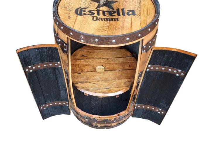 ESTRELLA DAMM - Rustic Bourbon Barrel Cask Handcrafted Drinks Cabinet / Home Bar / Man Cave