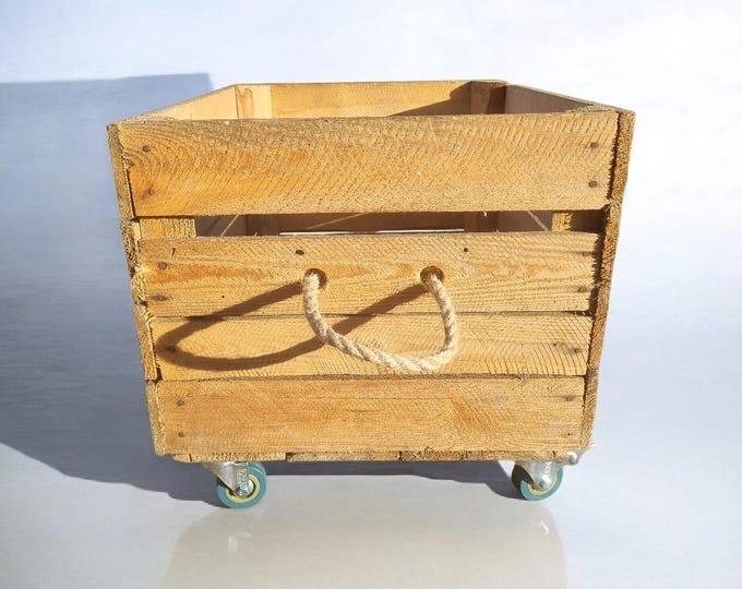 Vintage Wooden Apple Crate - Book / Vinyl / Log Storage - WITH WHEELS & HANDLES