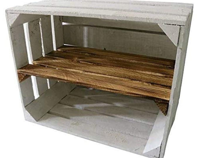 1 x White Painted Crate with LONG Burnt wood shelf - Wooden Apple Crates, ideal storage boxes box display crate bookshelf dresser