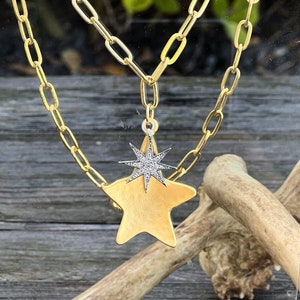 22k Matte Gold Plated Star and Pave North Star Pendant Necklace on Oval Link Gold Chain