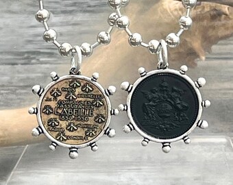 French Coin Pendant in Matte Black or Antique Gold on 6mm Ball Bead Chain