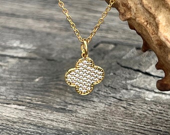 CZ Micro Pave Clover Quatrefoil Pendant Necklace on Gold Chain