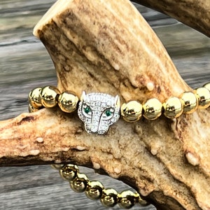 Silver Micro Pave Jaguar Bead CZ Emerald Green Eyes Panther on Gold Plated Beaded Bracelet