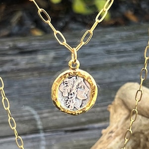 Gold Plated Greek Coin Medallion Pendant - 20&quot; Paperclip Chain