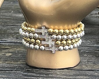 PAVE Kreuz Armband auf vergoldeten oder versilberten Perlen Frau oder Kinder Größen
