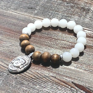 Buddha Head Pendant Bracelet Wood & Vintage White Glass Beads Repurposed Wooden Bead Unisex