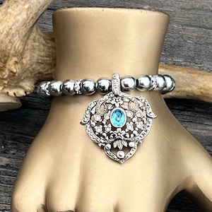 Vintage Silver Blue Stone Pendant on Hematite Beaded Bracelet