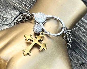 Cross and Pave Triple Chain Bracelet with Pave Clasp Mixed Metal
