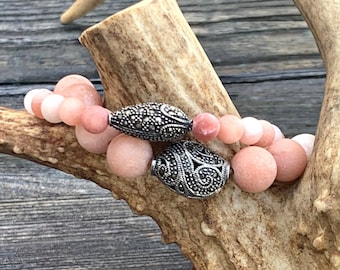 Matt rosa Aventurin Perlen Armband Vintage Marcasite Kopf Perle