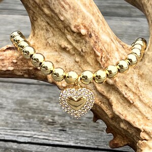 18k Gold Filled Pave Heart Charm on Gold Plated Beaded Bracelet