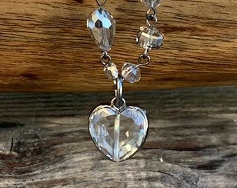 Gunmetal Soldered Heart Pendant on Gray Crystal Rosary Chain Necklace