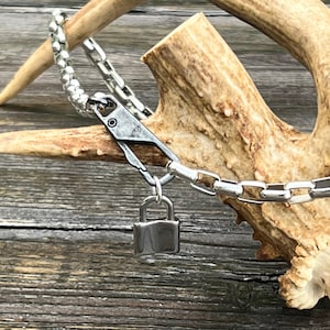 Silver Pad Lock on Gunmetal Carabiner, Silver Electroplated Metal Box Chain Necklace