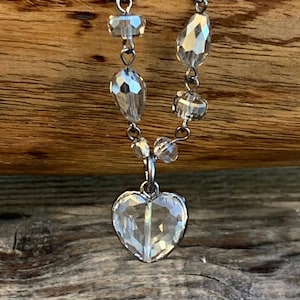 Gunmetal Soldered Heart Pendant on Gray Crystal Rosary Chain Necklace