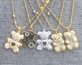 Children&#39;s or Adult Micro Pave Teddy Bear Necklaces, Gold Plated or Silver Plated Charms and Chains