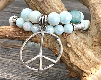 Peace Sign Bracelet Stack Set en Aqua Marble Glass Beads apilable