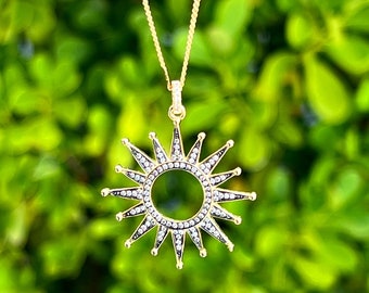 Micro Pave Star Sun Necklace 24k Gold Plated Pendant on Choice of Chain