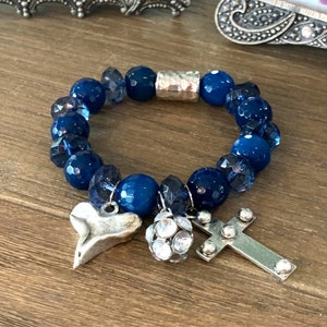 LOVE & FAITH Blue 12mm Beaded Charm Bracelet Antique Silver Charms Heart Cross Clear Stone Ball Hammered Head Bead