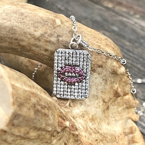 CZ Full Pave Dog Tag Fuschia Pink Lips Antique Silver Plated Chain