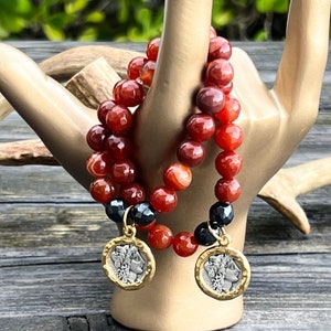 Greek Gold Plated Encased antique silver plated Greek coin medallion Beaded Bracelet on Striped Agate or Faceted Red Agate