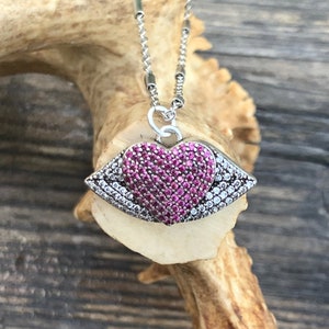 CZ Full Pave Fuschia Pink Lips Antique Silver Plated Chain