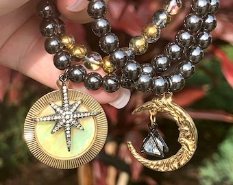 CELESTIAL Hermitite Gunmetal & Glass Stackable Bracelet Set Sun Moon and Stars 6mm Stretch Beaded