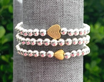 You Choose LOVE Rustikales 22k Vergoldetes Herz auf versilbertem 8mm Perlen Stretch Armband