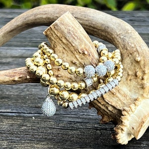 Silver Pave Beads Balls and Tube CZ on Gold Plated Beaded Bracelets