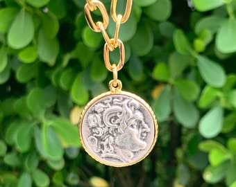 24k Gold Plated Necklace, Flat Oval Rolo Necklace with GP Antique Silver Greek Coin Medallion Pendant