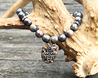 Rustic Hammered Cross Charm on Yellow Tiger Eye Beaded Bracelet