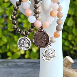 Greek Coin Bracelets on Sunstone Pink Opal and Bronze Beads