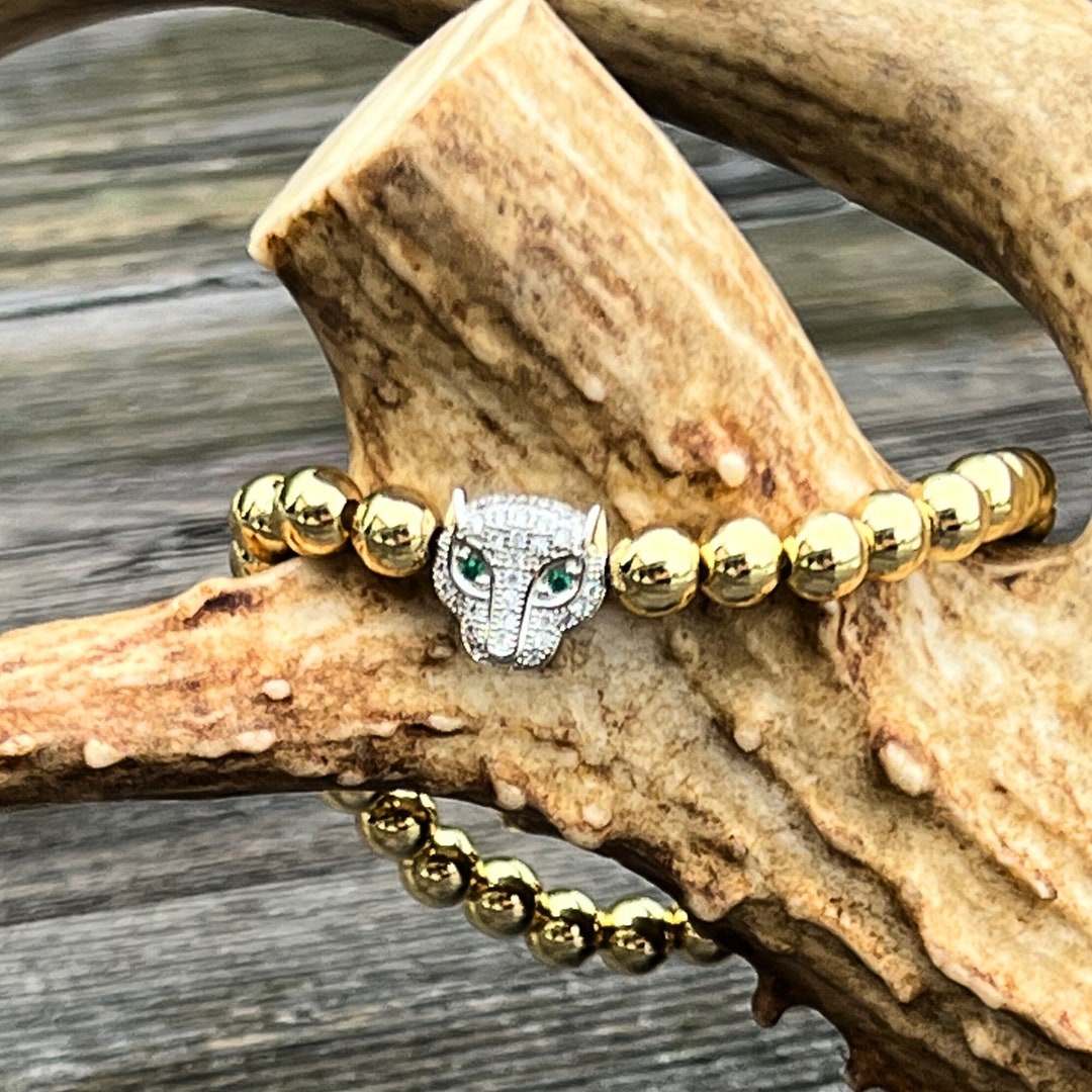 Emerald Green Eyes Jaguar Bracelet: CZ Panther on Gold Plated 