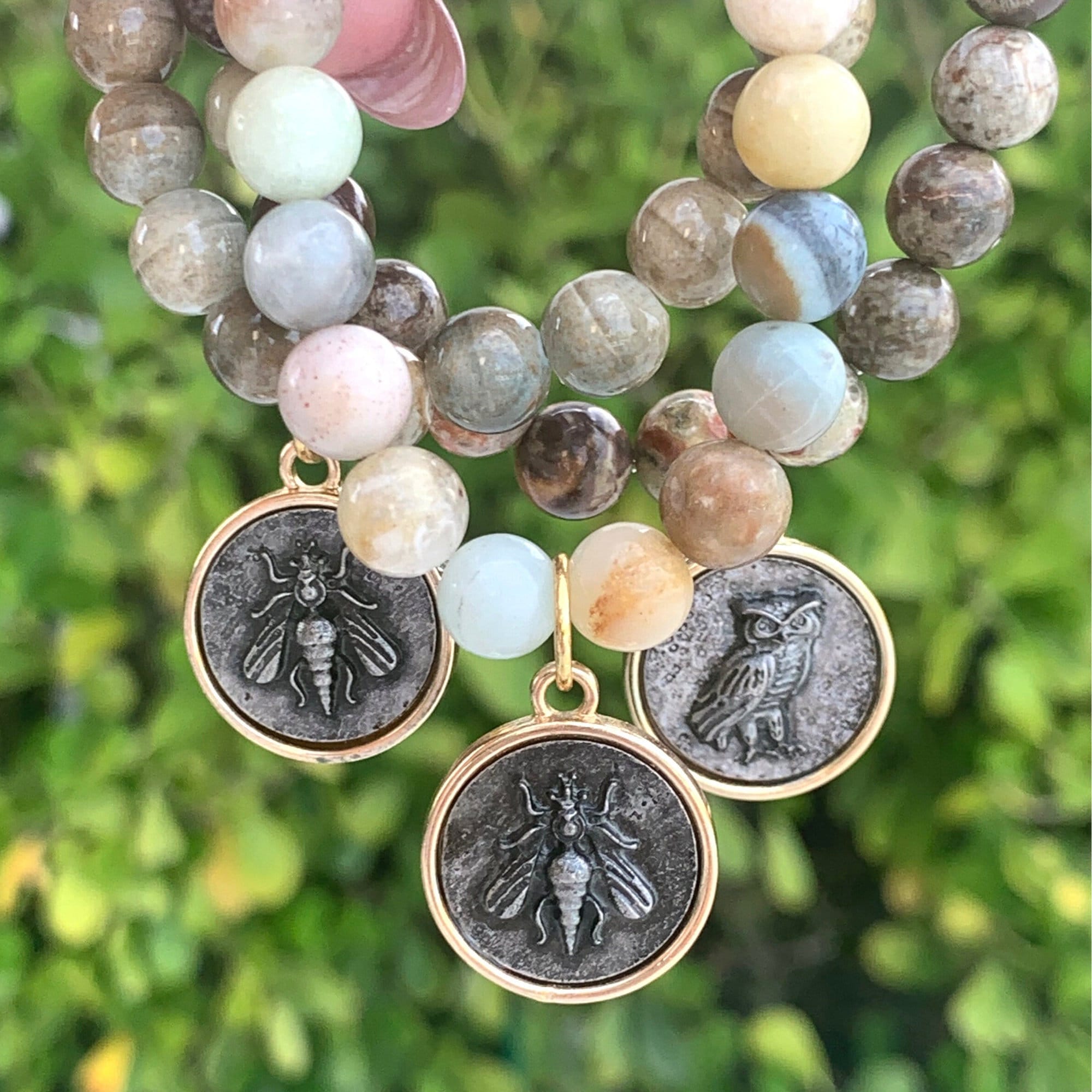 Bee & Owl Coin Bracelet: Amazonite, Rainforest Jasper, Ceramic Beads