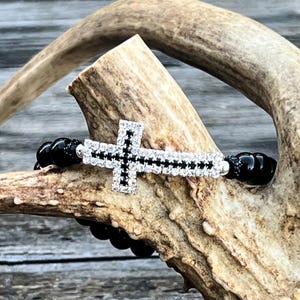 Black Rhinestone Cross Bracelet on Black Glass Beaded Bracelet